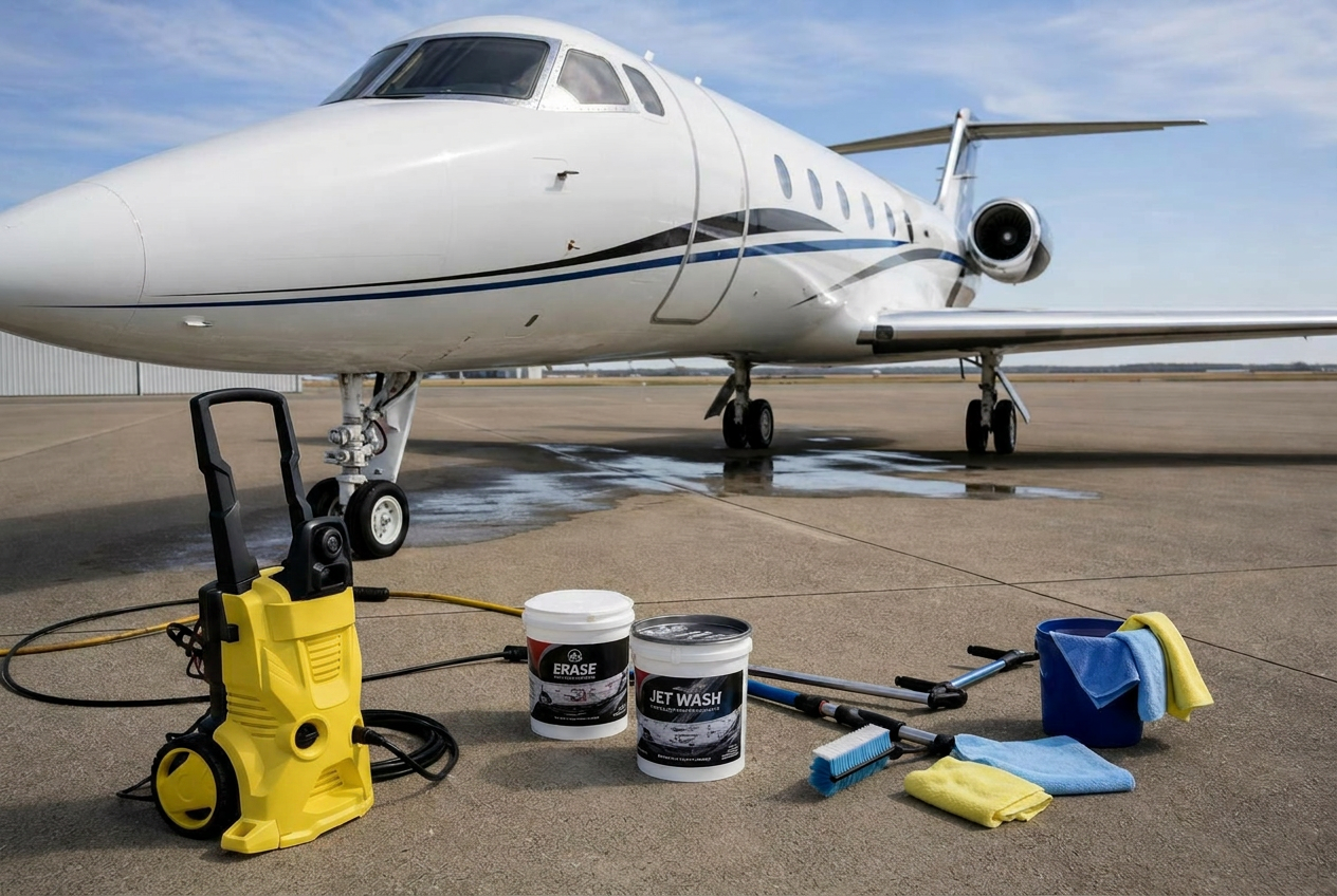Business jet on tarmac with professional aviation detailing tools