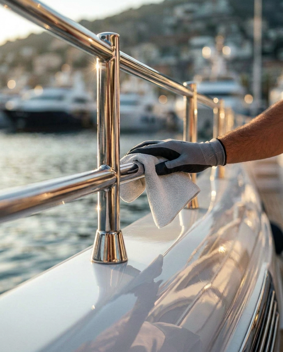 JetCare Service crew hand-polishing the hull and stainless of a luxury yacht